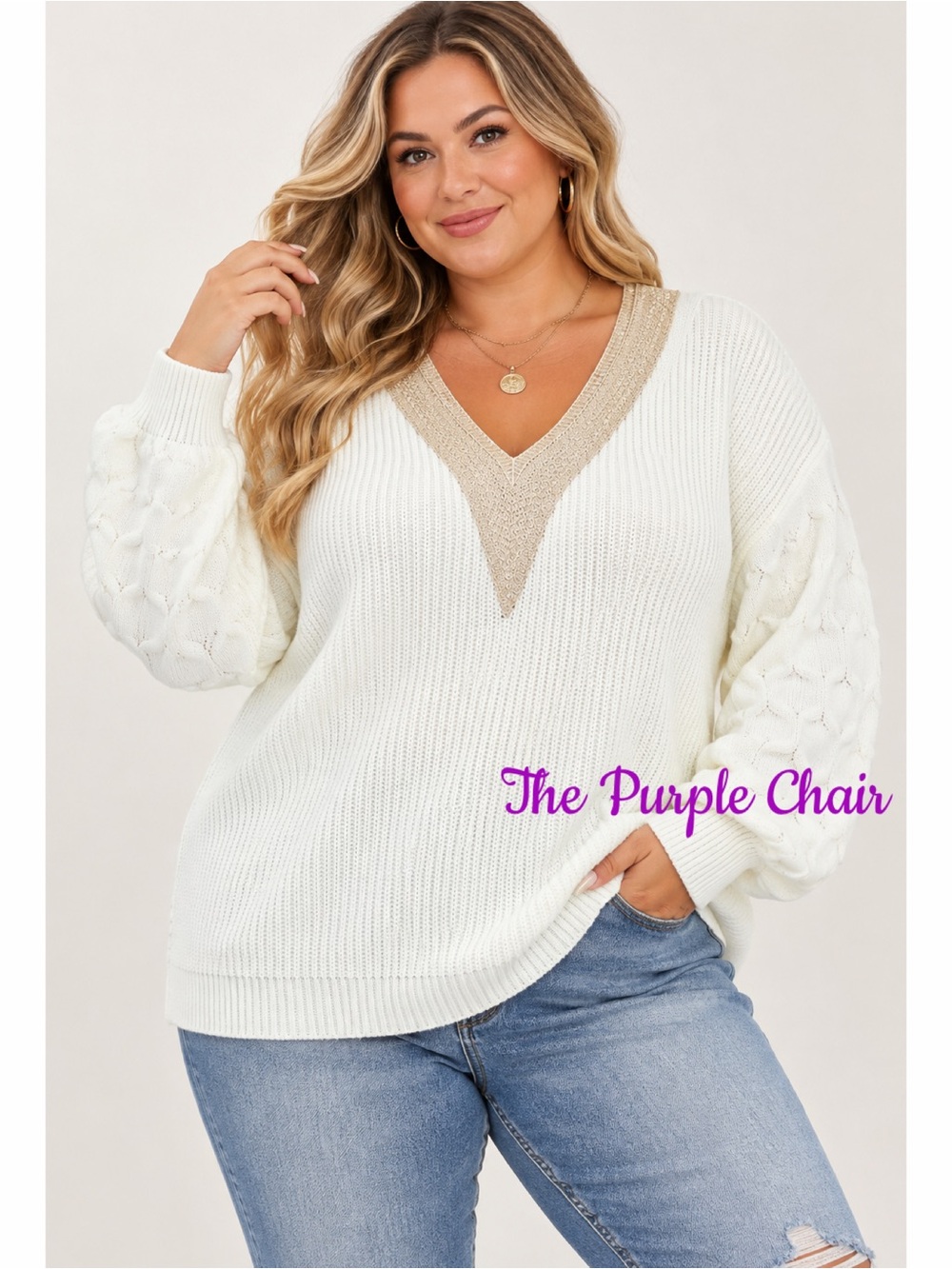 NWT Ivory Textured Balloon Sleeve Embroidered V-Neck Chunky Knit Sweater 2XL